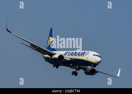 Caselle, Italy - 24 July, 2019: A Ryanair Boeing 737-800 aircraft approches Turin Airport (also known as Turin-Caselle Airport and Sandro Pertini Airport). On 24 July 2019 Italian trade unions call a strike action that affects public transport including trains, taxis, subways, buses, trams. On 26 July the protest is expected at airports, with national airline Alitalia staff and other airport workers staging strikes. Credit: Nicolò Campo/Alamy Live News Stock Photo