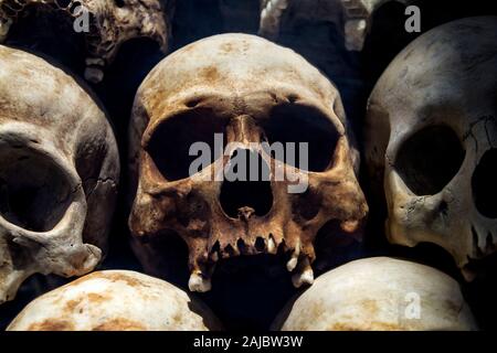 Skulls of victims of the Khmer Rouge stacked at the Killing Fields of Choeung Ek memorial in Phnom Penh, Cambodia. Stock Photo
