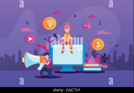 desktop and users with social media marketing icons Stock Vector