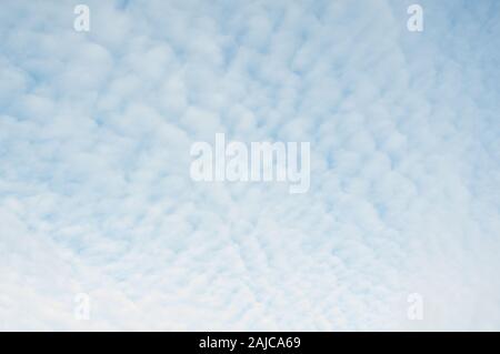 Cloud sky scene with soft white billowy clouds on a soft white sky in a cool pattern.  Nature texture. Stock Photo