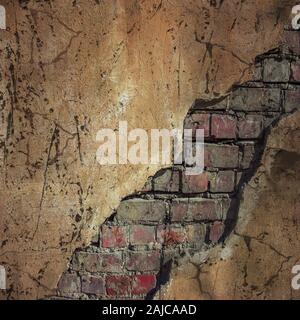 Cracked brick wall cool texture and colors with a grunge vibe with concrete and bricks.  12x12 design great for digital paper and textured backgrounds Stock Photo