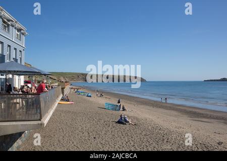Aberdaron beach Gwynedd Wales with people and coast view on Llyn Peninsula Stock Photo