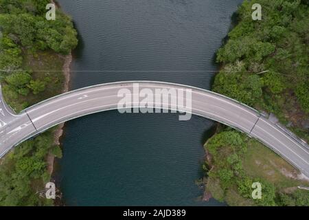 Tanes reservoir bridge from cenital view Stock Photo