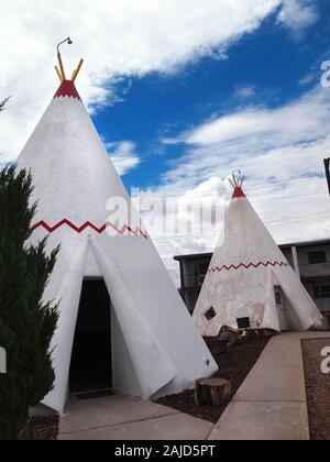HOLBROOK, ARIZONA - JULY 12, 2018: Two concrete and steel tipis also referred to as wigwams, are each fully self contained hotel rooms at the historic Stock Photo