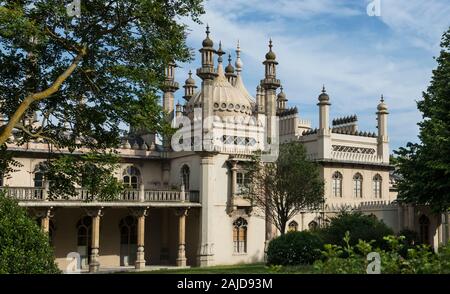 Brighton Palace Royal Pavilion. Kings apartments exterior gallery and porch. Sunny day. View of western exterior on garden side. Copy space. Stock Photo