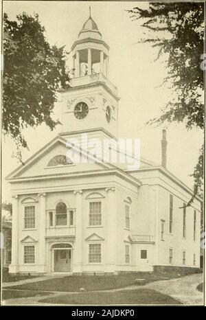 Some old time meeting houses of the Connecticut Valley . The men who hadproved most effective in the work of the first day wereentrusted with this work. When all was completed,the raisers stood on the topmost point and sang somefamiliar hymns, closing with the Doxology. The Granby church has been blessed with severalpastors of great ability and worth. At times it has held in its membership persons of unusual musicaltcdent, who have voluntarily given much of their timeto the church, thus making the services of the sanctu-ary a delight and blessing to all the members. Fromthis church many consec Stock Photo