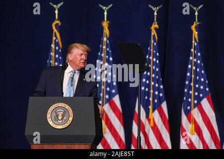 Miami, United States. 04th Jan, 2020. President Trump addresses the congregation at the El Rey Jesus church.President Donald Trump holds an Evangelicals for Trump' rally at the El Rey Jesus megachurch in south Miami to show up support among his evangelical base in the key swing state of Florida. Credit: SOPA Images Limited/Alamy Live News Stock Photo