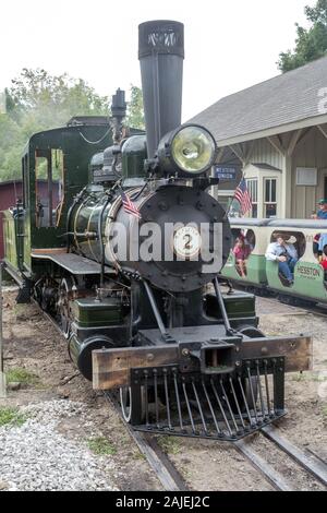 Hesston Indiana USA Aug 31 2019; a beautiful old steam engine is parked at the train station in Hesston, waiting to pick up families for a fun ride Stock Photo