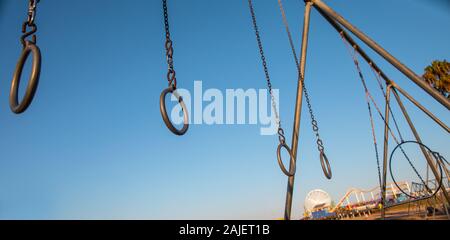 Travelling Rings for exercise at muscle beach jungle gym on in Santa Monica, California at early morning, Los Angeles Stock Photo