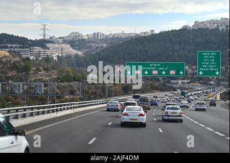 Tel Aviv to Jerusalem, Highway 1 traffic eastward. Stock Photo