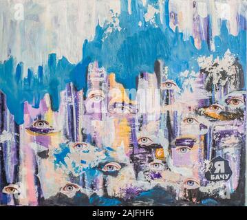 The original abstract picture . Acrylic on canvas with elements of collage, covered with acrylic lacquer. Stock Photo