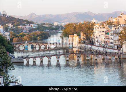 Udaipur, India - March 05 2017: Beautiful panoramic view of the city on the shore of Lake Pichola. Stock Photo