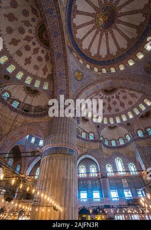 Looking up at the domed ceiling of Sultanahmet Mosque (blue Mosque) in Istanbul, Turkey Stock Photo