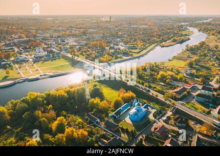 Kobryn, Brest Region, Belarus. Cityscape Skyline In Autumn Sunny Day. Bird's-eye View Of St. Nicholas Church. Famous Historic Landmark. Stock Photo
