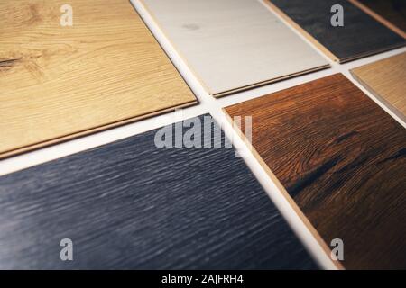 closeup of colorful laminate flooring samples Stock Photo