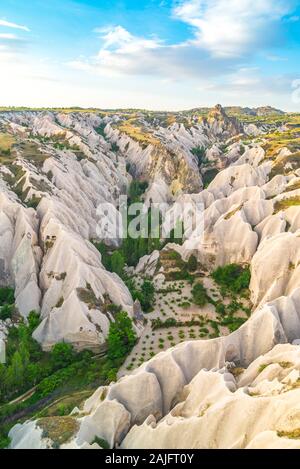 view of a valley on Cappadocia, Turkey from a hot air balloon Stock Photo