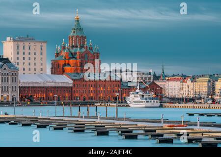 Helsinki, Finland - December 10, 2016: Kanavaranta Street With Uspenski Cathedral In Winter Morning. Stock Photo