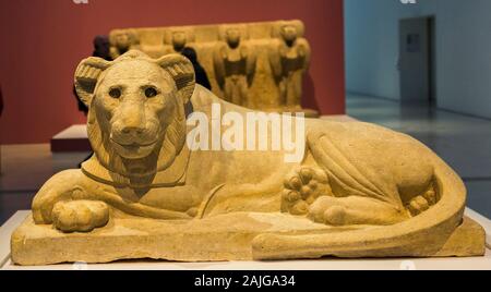 Exhibition 'The animal kingdom in Ancient Egypt', organized in 2015 by the Louvre-Lens Museum. Lion statue. Stock Photo
