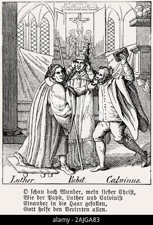 caricature of the disputes between Martin Luther and Johannes Calvin Stock Photo