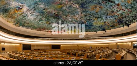 Geneva, Switzerland - April 15, 2019:  An assembly hall in the Palace of Nations - UN headquarters in Geneva, Switzerland - image Stock Photo