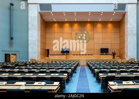 Geneva, Switzerland - April 15, 2019:  An assembly hall in the Palace of Nations - UN headquarters in Geneva, Switzerland - image Stock Photo