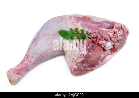 Turkey leg reday to cook in front of white background Stock Photo