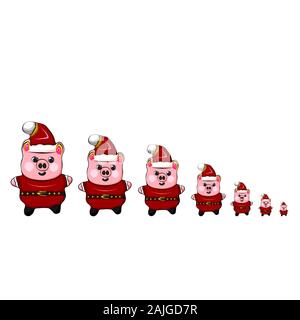 Funny group of animals piggy family full length different ages in new year hats with pompoms standing in a row in the centre isolated background. Pigg Stock Photo