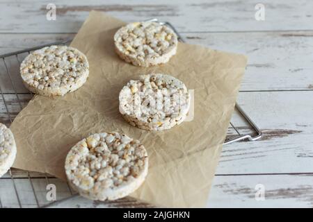 Healthy puffed rice waffles for diet. Rice cakes as a healthy eating concept. Copy space. Stock Photo