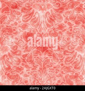 Coral Grungy old watercolor damask repeat pattern Stock Photo