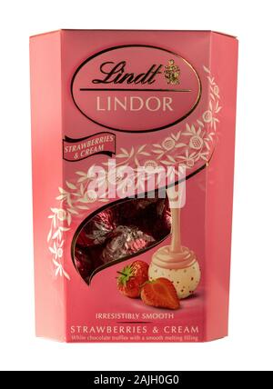 Box of Lindor chocolates or truffles by Lindt, strawberries and cream flavour Stock Photo