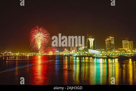 Firework displays on Dubai Creek waterway life and soul of this famous city and worldwide tourist destination on UAE National Day Stock Photo