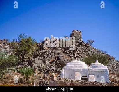 Al Bidya Mosque reportedly to be the oldest mosque in the United Arab Emirates located by the roadside between the Emirate of Fujairah and the coastal fishing town of Khor Fakkan on the Arabian Peninsula side of the Arabian Sea, the Indian Ocean Stock Photo