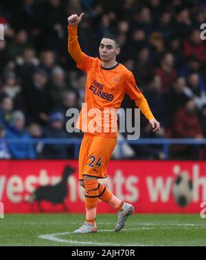 Newcastle United's Miguel Almiron celebrates scoring his side's first goal of the game during the FA Cup third round match at The Crown Oil Arena, Rochdale. Stock Photo