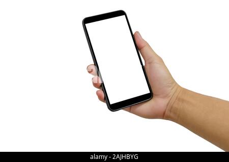 Hand holding martphone black with blank screen on the white background. clipping path Stock Photo