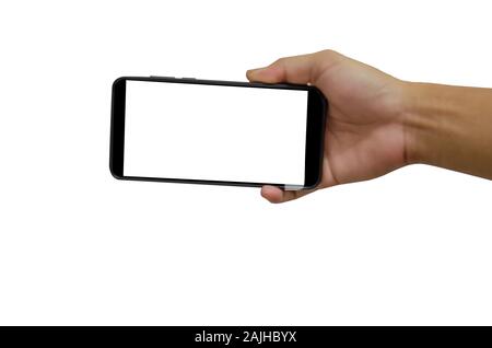 Hand holding martphone black with blank screen on the white background.Clipping path Stock Photo