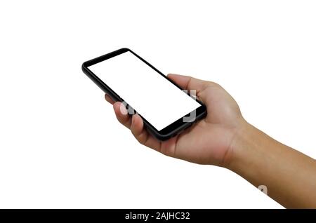 Hand holding martphone black with blank screen on the white background. Cipping path Stock Photo