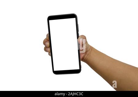Hand holding martphone black with blank screen on the white background.Clipping path Stock Photo