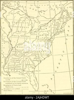 An American history . FREDERICK MUHLENBURG First Speaker of the National House ofRepresentatives. 1 A District of Columbia was laid off ten miles square, part in Maryland,part in Virginia. There the city of Washington was located. Until the citycould be built, Philadelphia was to serve as capital. Eventually Congressceded back to Virginia the part of the district south of the Potomac.. THE UNITED STATES IN 1790 Note. Vermont was separate from New York ; it became a state in 1701. Kentuckywas preparing to separate from Virginia; it became a state in 1792. 252 THE NEW REGIME 253 prosperity. It w Stock Photo