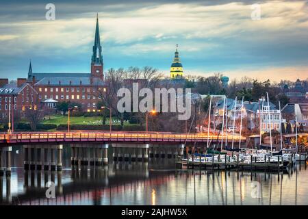 Annapolis, Maryland, USA State House and St. Mary's Church viewed over Annapolis Harbor and Eastport Bridge. Stock Photo