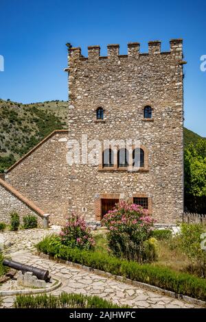 The Tower. Beautiful warm spring day and archeological ruins at Butrint National Park, Albania, UNESCO heritage. Travel photography with fresh green flora and clear blue sky Stock Photo