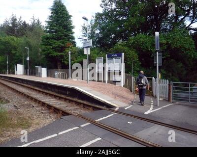 Man Walking by Unmanned Achnashellach Railway Station Platform on the Kyle of Lochalsh Line, Strathcarron, Wester Ross, Scottish Highlands. Scotland. Stock Photo