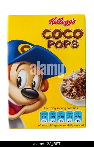 small box of Kellogg's Coco Pops cereals, breakfast cereal isolated on white background - Kelloggs cereal Kellogs cereal Kellogg cereal - Kelloggs Stock Photo