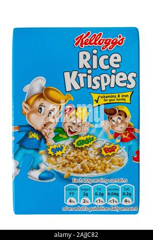 box of Kellogg's Rice Krispies cereals, breakfast cereal isolated on white background - Kelloggs cereal Kellogs cereal Kellogg cereal Stock Photo