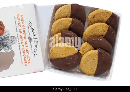 Pack of Thomas J Fudge's stem ginger blisscuits dipped in dark chocolate biscuits set on white background Stock Photo