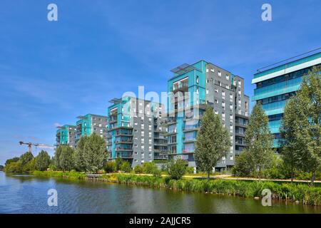 Image of residential modern flats on the bank of the river in Rennes, Brittany, France Stock Photo