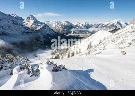 Winter panorama of the Ehrwald basin, Ehrwalder Sonnenspitze, Wetterstein massif, Ammergau and Lechtal Alps from the Mount Issentalkopf, Austria Stock Photo