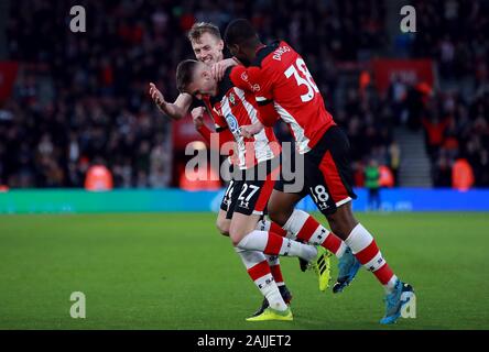 Southampton's Will Smallbone celebrates scoring his side's first goal of the game with team-mates during the FA Cup third round match at St Mary's, Southampton. Stock Photo