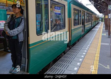KAMAKURA, JAPAN, May 13, 2019 : Train in Kamakura station. Former capital of Japan, Kamakura was nation's most populous settlement in XIII century as Stock Photo