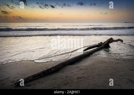 Sunset on the beaches of Vada seaside resort town in the province of Livorno on the Etruscan Coast, Tuscany, Italy Stock Photo