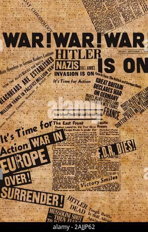 New York, USA - January 04, 2020: Collage of newpaper headlines, draws and articles during World War II. Stock Photo